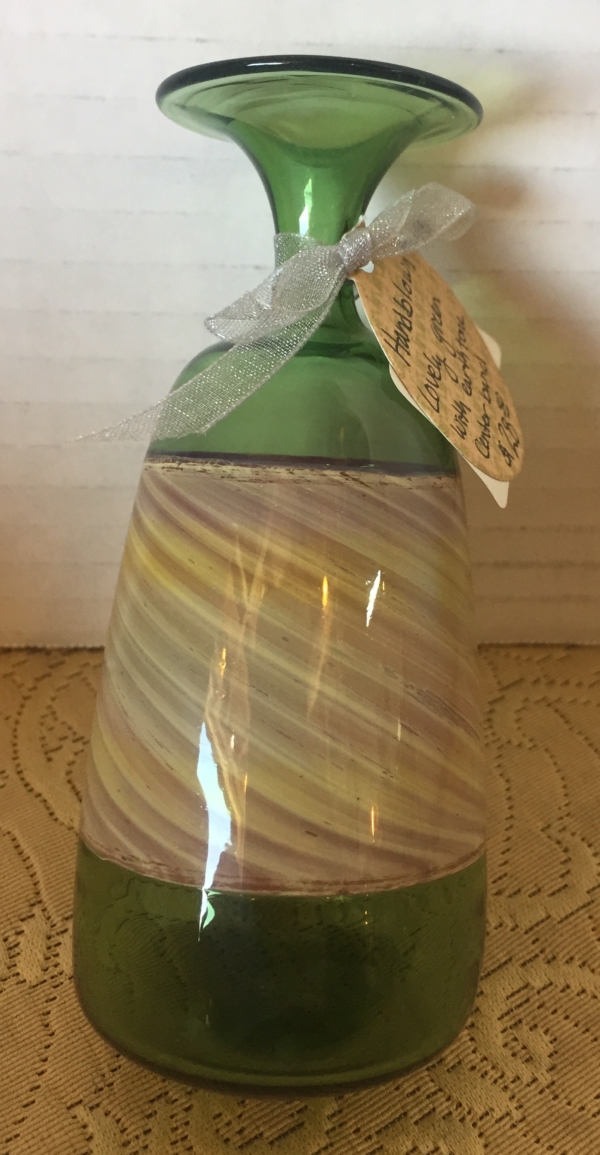 Handblown Green Glass Vase With Earth Tone Center Band - Green Acres Antiques Marietta OH